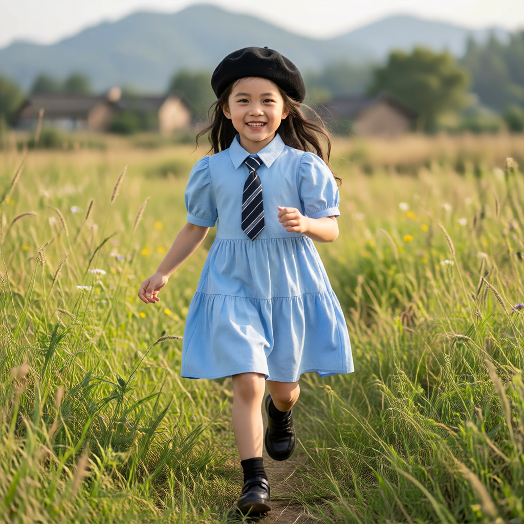 穿在中国小女孩身上，10岁，在田园中奔跑
