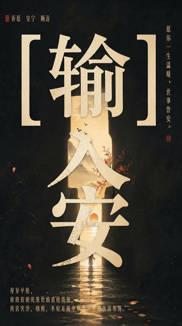 主体：巨大中文标题"[输入文字]"字形完整，搭配契合词义的隐喻图像，含左上角关键词、右侧竖排短句及左下角总结句。
场景：展览级海报背景，留白克制，无拥挤感，无…