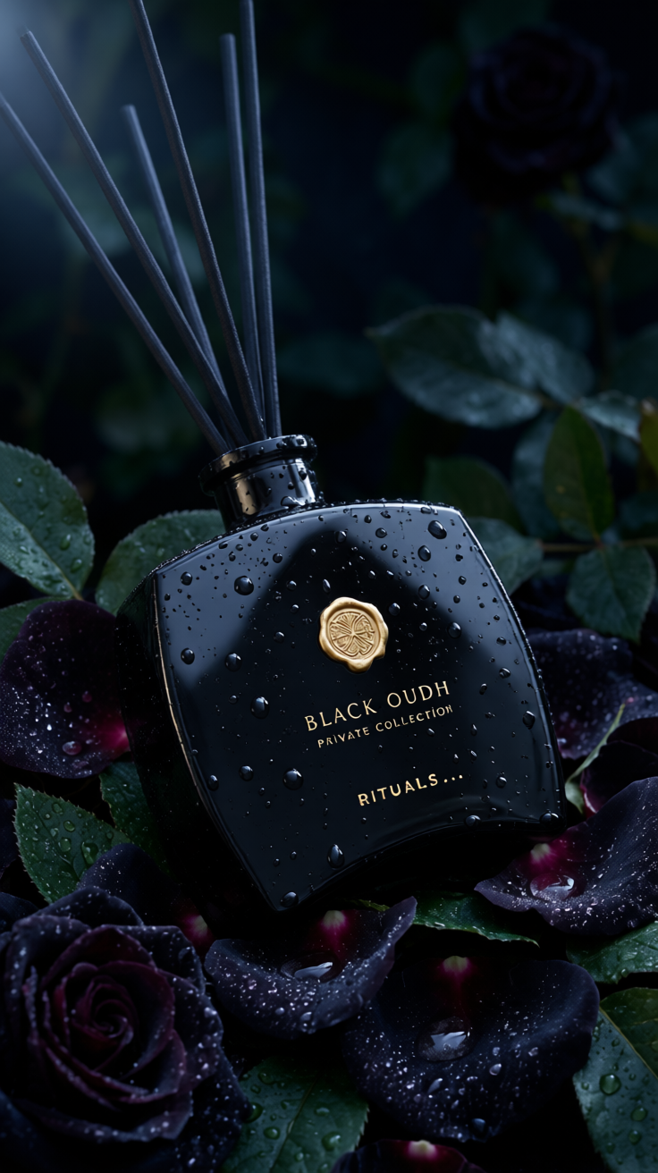 【主体】
黑色玻璃 Reed diffuser 瓶,曲线矩形瓶身配柔和圆角,表面光滑如镜。瓶身中央偏上位置有一枚金色蜡封风格徽章,正面标签以金色衬线字体印着"…