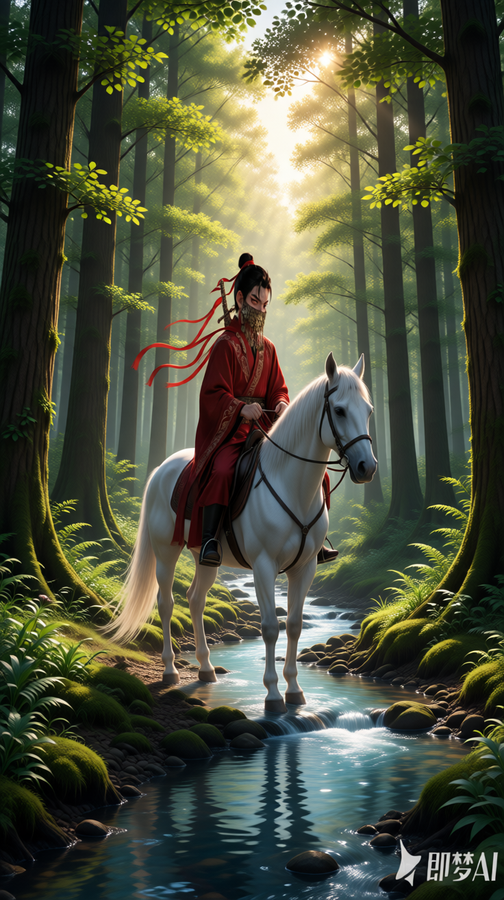 主角骑马越过小溪去到森林里