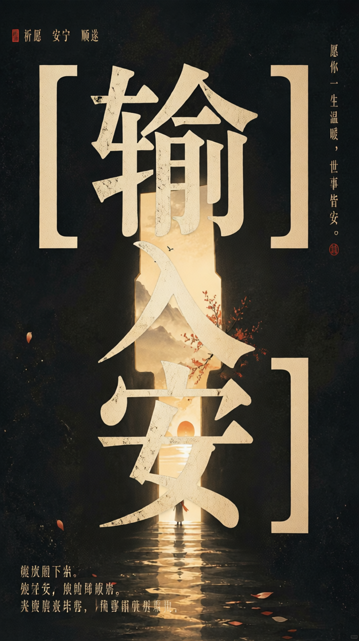 主体：巨大中文标题"[输入文字]"字形完整，搭配契合词义的隐喻图像，含左上角关键词、右侧竖排短句及左下角总结句。
场景：展览级海报背景，留白克制，无拥挤感，无…