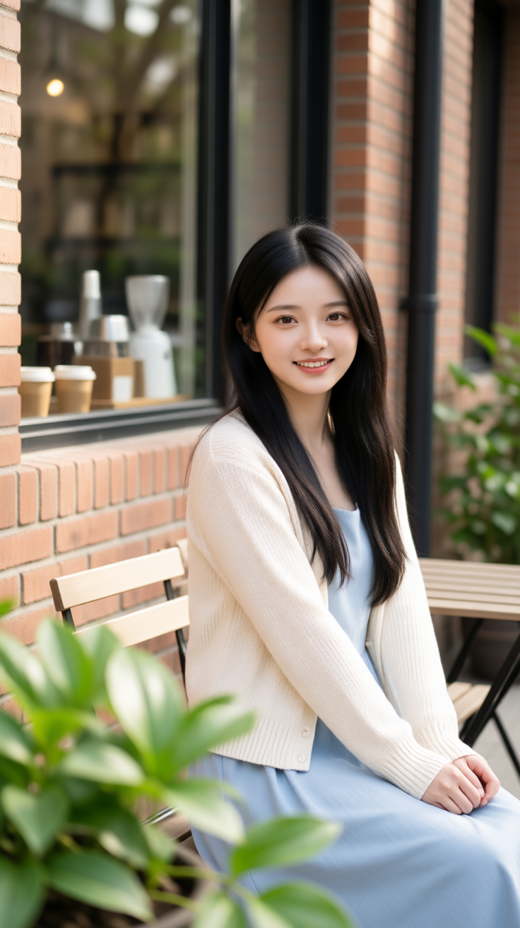 【主体】
一位约25岁的东亚女性,黑色长发自然垂落肩头,深棕色眼眸,肤色白皙。身穿米白色针织开衫,内搭浅蓝色连衣裙。身体微微侧向画面右侧,双手交叠置于身前,头…
