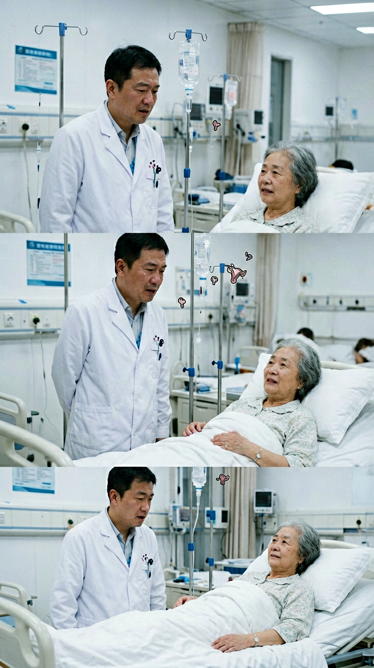 主体: 中年男医生与老年女患者：白大褂医生靠在输液架前，表情无奈哭笑不得；老妇躺病床上盖白被，回答随意淡定。
场景: 医院普通病房，白色病床、金属输液架、墙面…