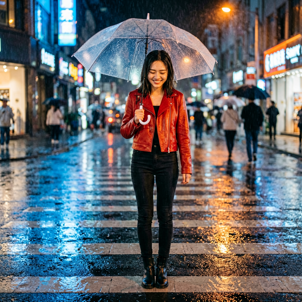 场景：雨夜，中国年轻女模特撑着一把透明长柄伞，站在湿漉漉的繁华商业街斑马线上。身穿红色短款皮夹克，黑