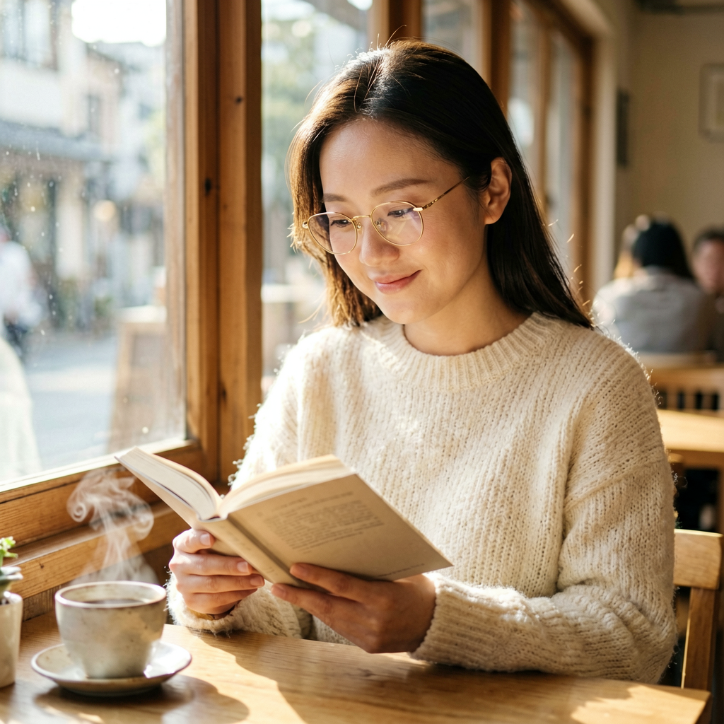 场景：阳光明媚的午后，一间原木色日系咖啡馆内靠窗位置。中国女模特（圆脸、淡妆）戴一副金丝边细框眼镜，
