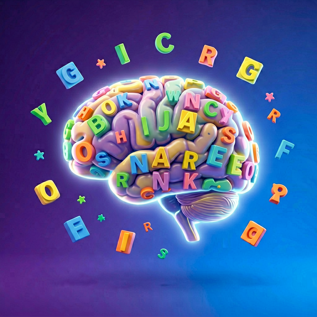 Colorful letter tiles forming a glowing brain shape - Word Hurdle tips and tricks