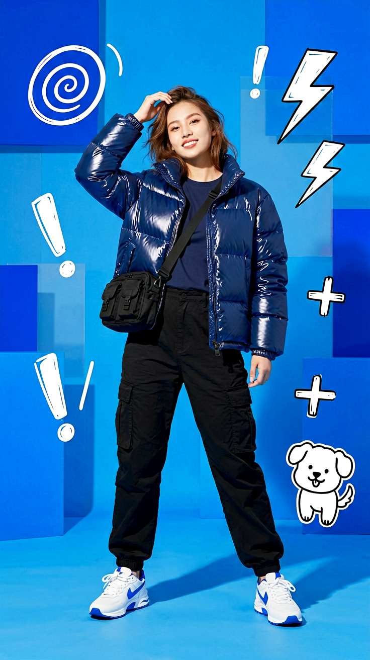 A full-body fashion editorial scene against a vibrant electric-blue studio back…