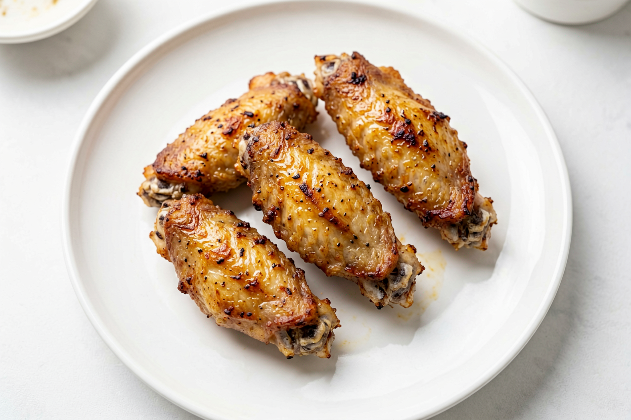 Crispy chicken wings from air fryer on a plate, golden brown texture, close up f