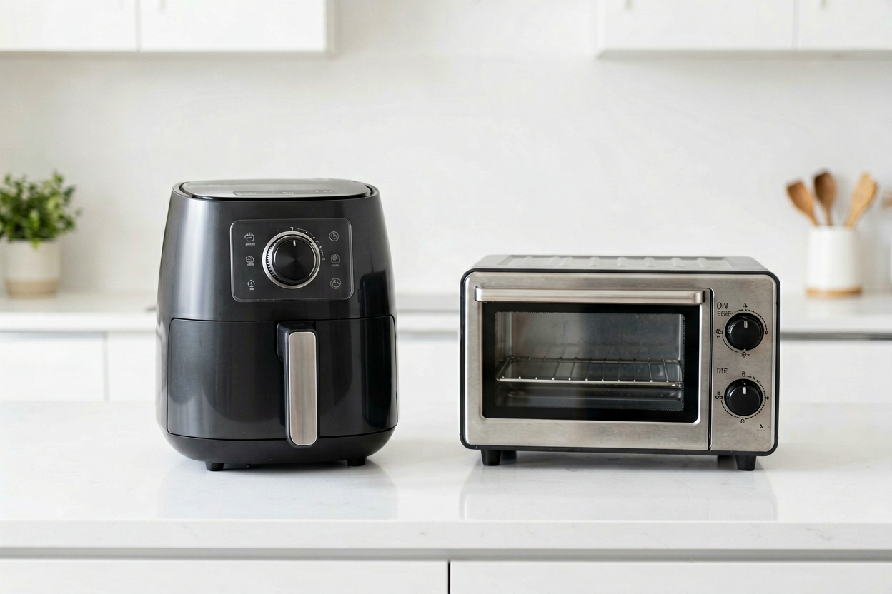 Air fryer and toaster oven side by side on a kitchen counter, comparison setup, 