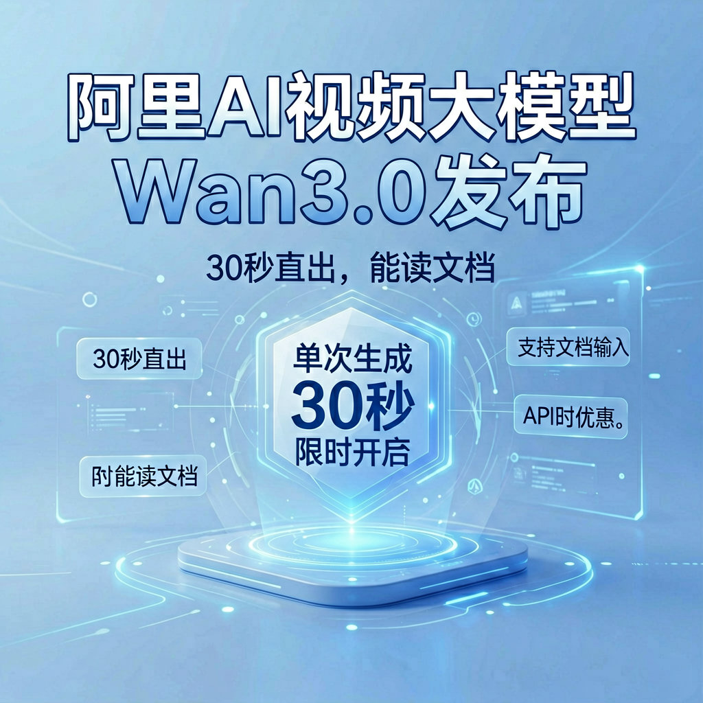阿里AI视频大模型Wan3.0发布：30秒直出，能读文档