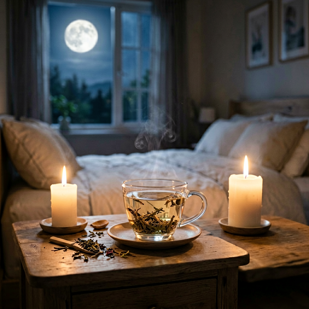 TCM sleep hygiene with herbal tea and calming environment