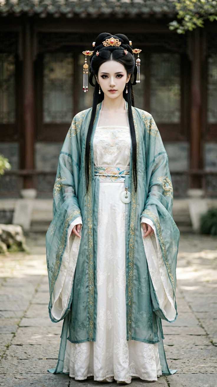 国风厚涂，五代十国南唐古风写实，15 岁世家贵女张月娥，乌黑长发梳五代垂鬟分肖髻，发髻佩戴赤金衔珍珠步摇、鎏金发钗，鹅蛋脸，柳叶长眉，漆黑杏眼，肤色莹白明艳，…
