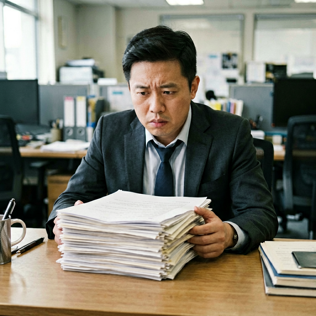 杂乱办公桌与疲惫老板