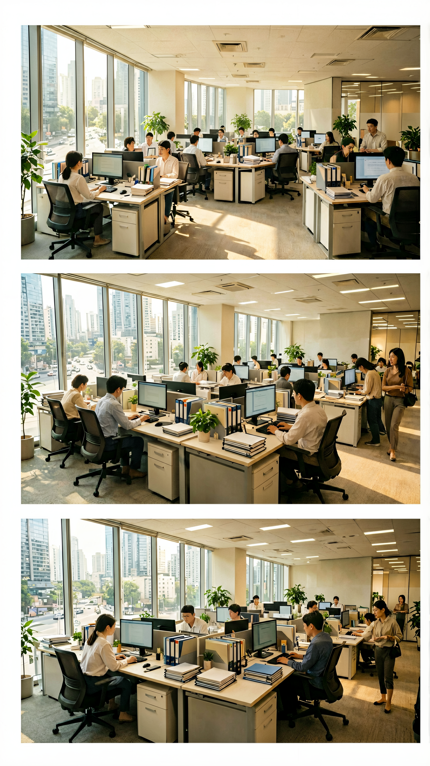 核心场景：现代都市写字楼办公室（主场景）
场景定位：日常职场、明亮拥挤、年轻化写字楼办公区，适配所有职场剧情
三视图完整提示词：场景三视图，全景正视、左侧视角…