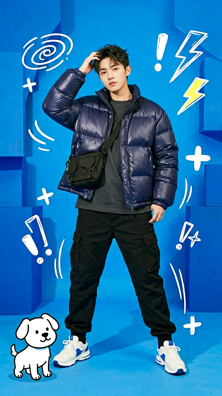 A full-body fashion editorial scene against a vibrant electric-blue studio back…