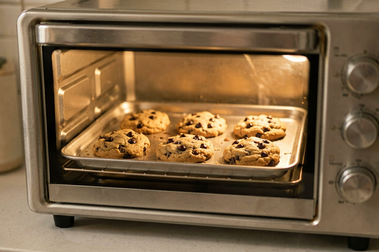 Toaster oven with fresh baked cookies on tray, warm kitchen lighting, inviting s