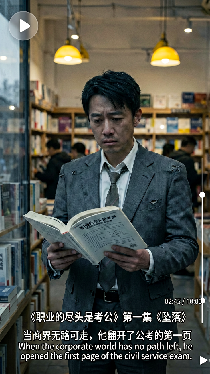 10分钟短剧《职业的尽头是考公》第一集《坠落》AI分镜生成提示词
分两类：完整成片统一提示词（AI视频一键生成） + 逐镜头精细分镜提示词（分段剪辑用），适配…