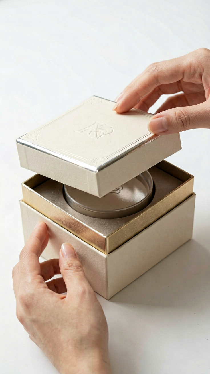 [product], luxury packaging reveal scene, premium unboxing moment, pristine han…