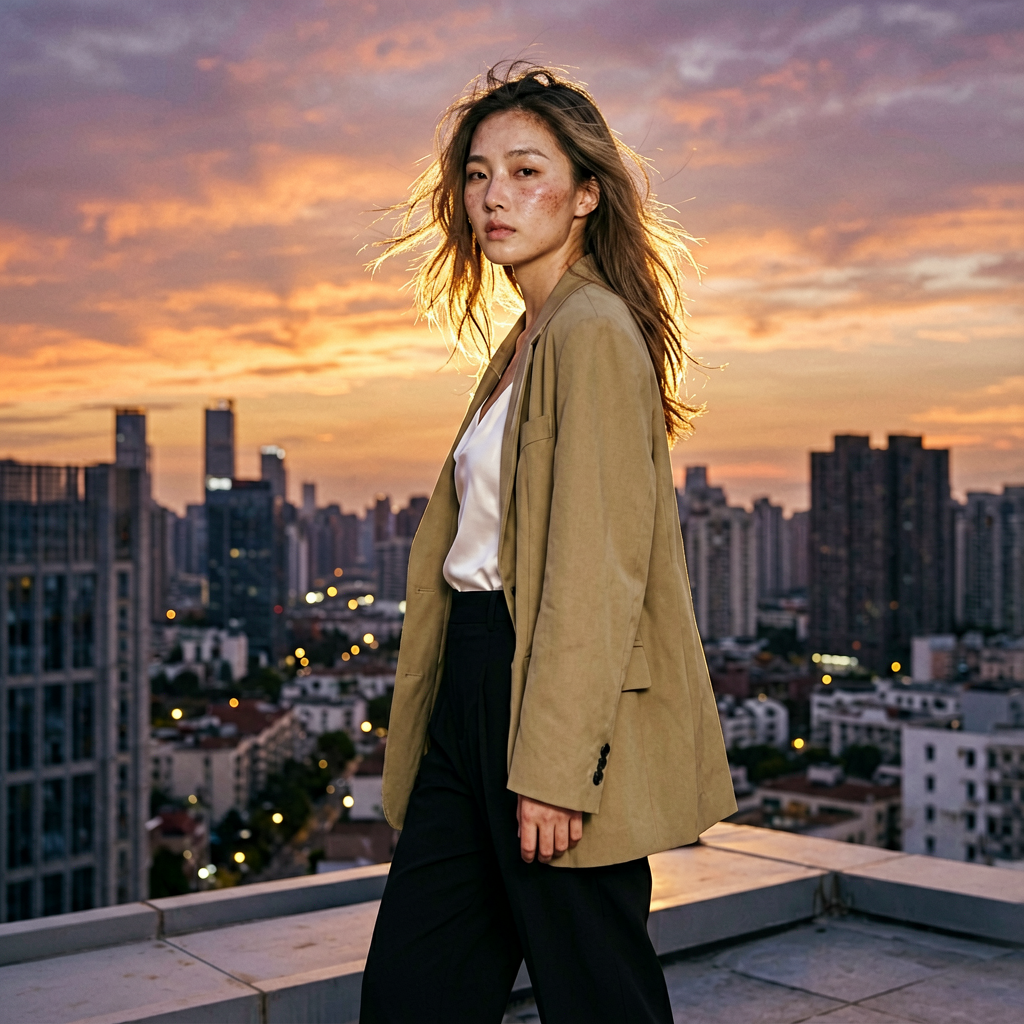 场景：黄昏时分，一位25岁左右的中国女模特站在高层写字楼天台边缘，身后是繁华城市剪影与绚烂橙紫色晚霞