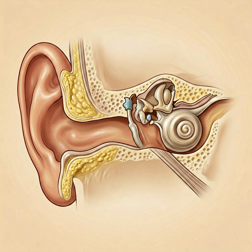 Human ear anatomy showing tinnitus sound perception pathway in the auditory system