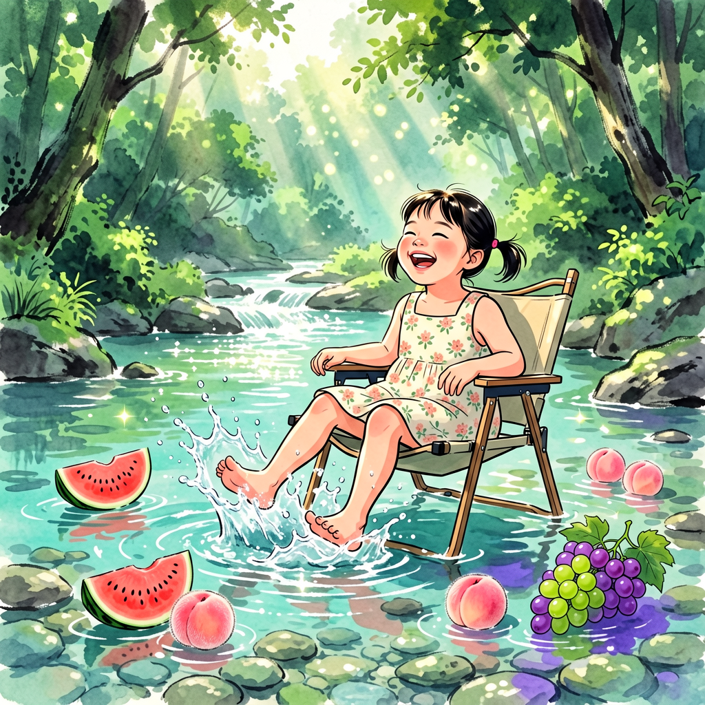 主体与动态：画面核心是一位扎着双马尾、身穿浅色碎花夏日连衣裙的小女孩，正开心地坐在一把半浸入清凉溪水