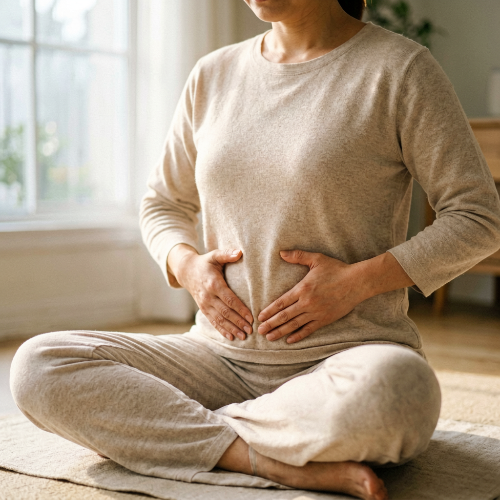 Abdominal acupressure for digestive health in peaceful morning light