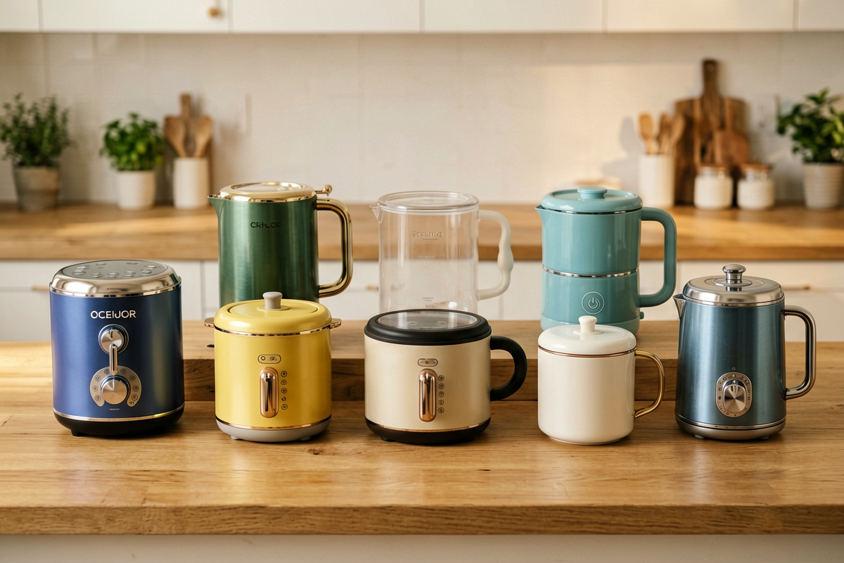 Various kitchen appliances on counter showing different price points, realistic 