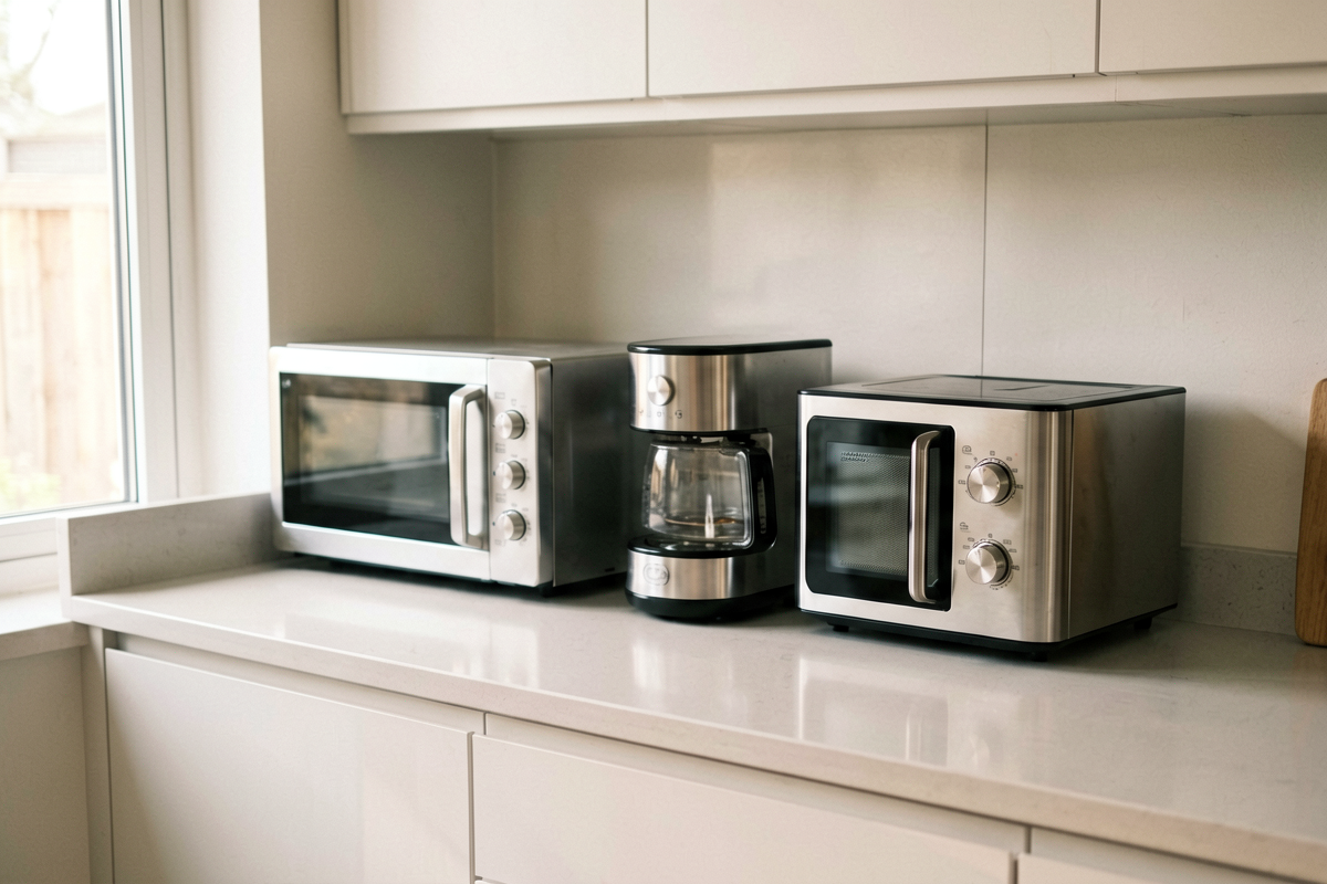 Kitchen counter with small appliances organized, practical small kitchen setup